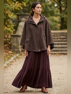 Chocolate Brown Linen Short Cape / Cloak with Hood